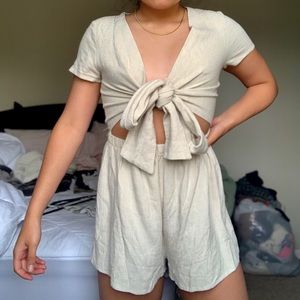 Princess Polly tie front beige shorts romper